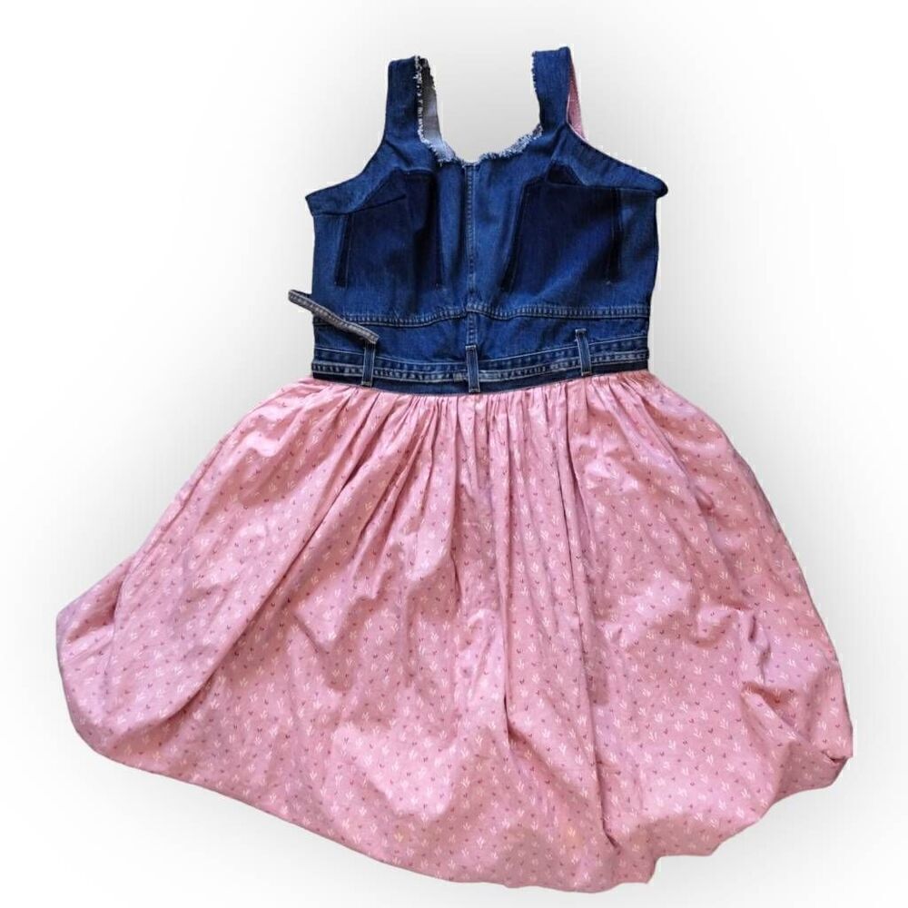 Vtg Handmade Womens Dress Sz Large Denim Strap Pockets Top Pink Floral Skirt
